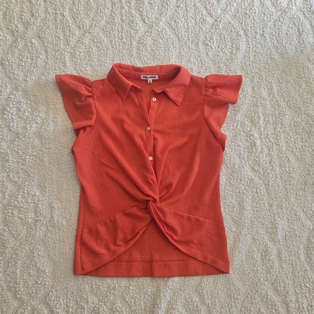Kathy Ireland Coral Orange Twist Front Flutter Sleeve Button Top Sz M Vacay